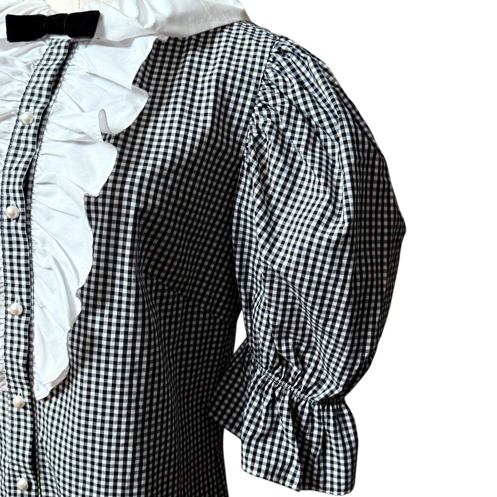 Batsheva Lou Blouse Size 10 Black /White Check Taffeta 3/4 Puffed Sleeves - Picture 9 of 13